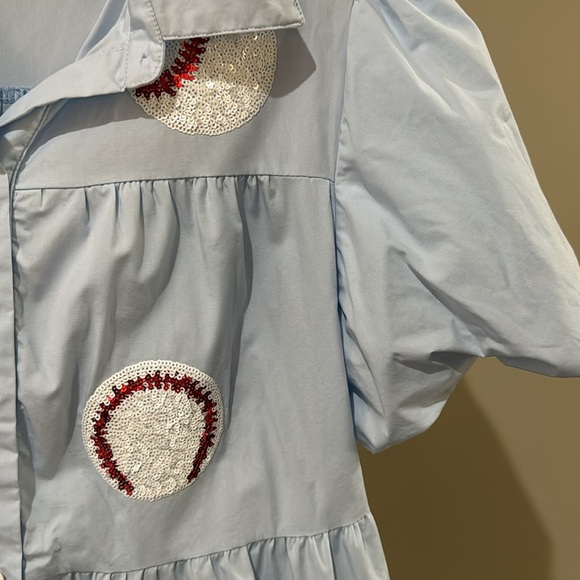 Baseball light blue sequin poofy sleeve tiered dress size medium wore once - Picture 2 of 3